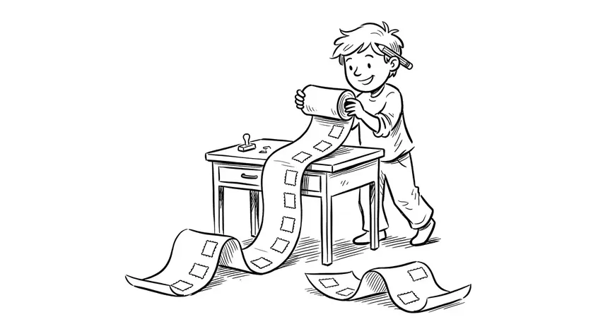 Character rolling out a very long paper scroll