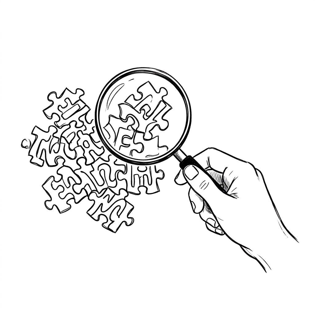 A hand holding a magnifying glass over interlocking word shapes