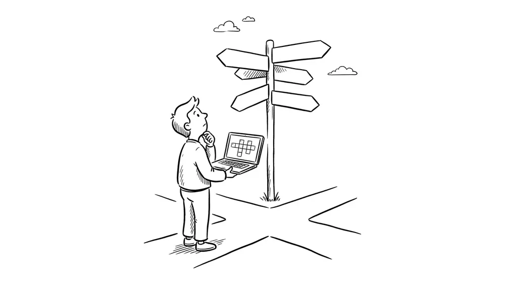 Character at a crossroads signpost holding an open laptop