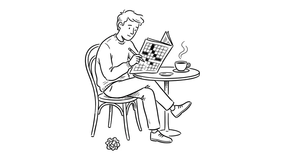Relaxed character in a cafe solving a newspaper crossword