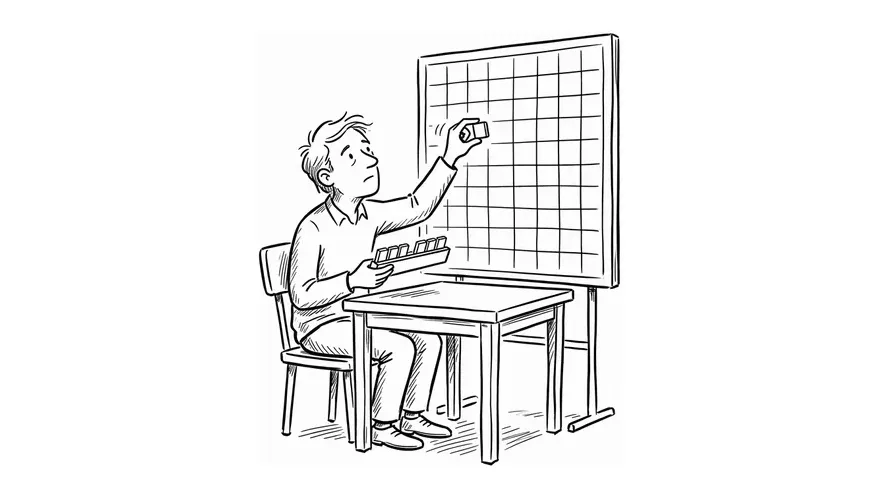 A character seated at a small game table holding a wooden tile rack, looking up thoughtfully at a large empty grid board on a stand