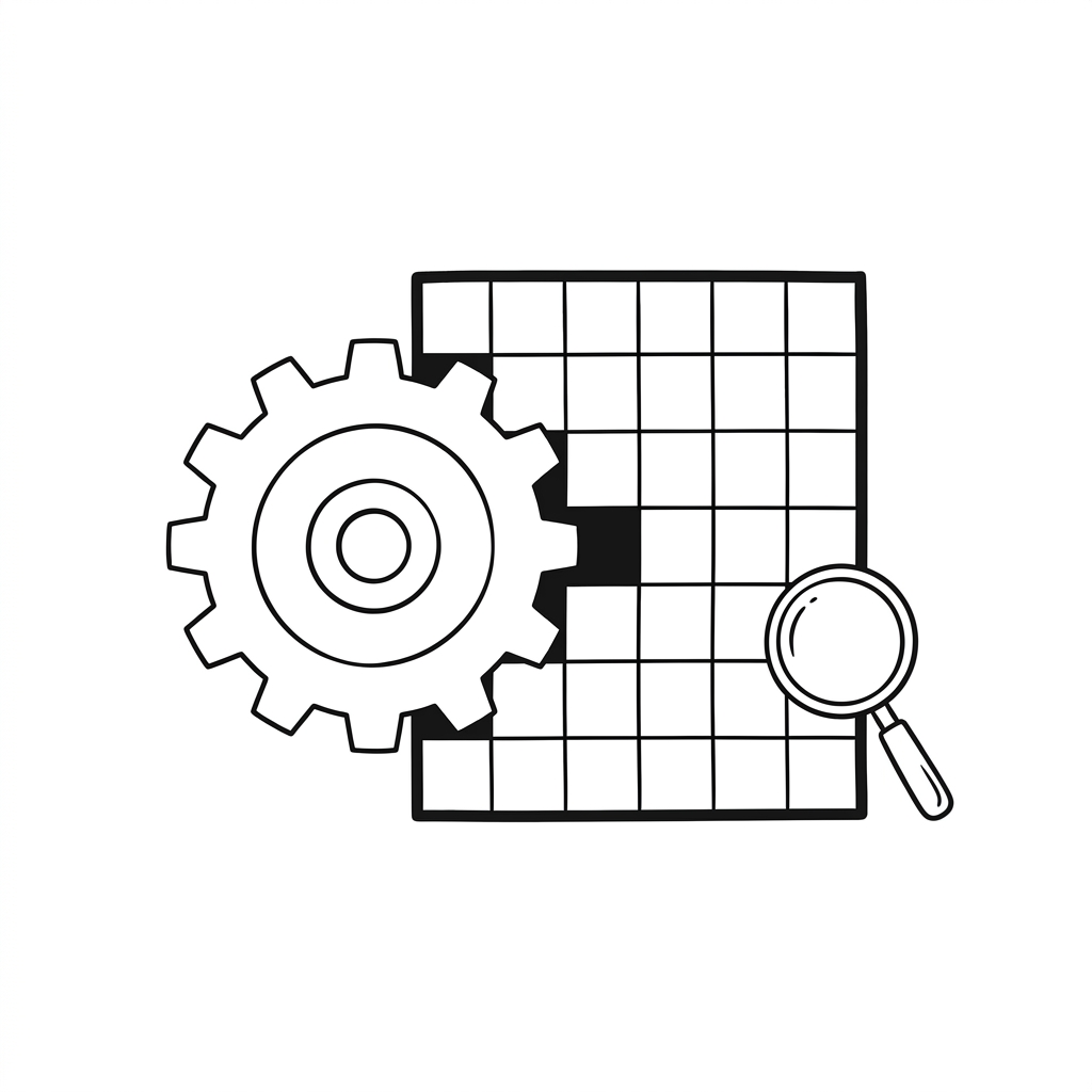A simple gear interlocking with a crossword grid corner, next to a small magnifying glass